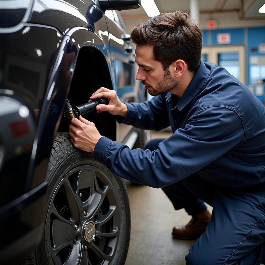 Mechanic inspecting the transmission of a Jeep Grand Cherokee