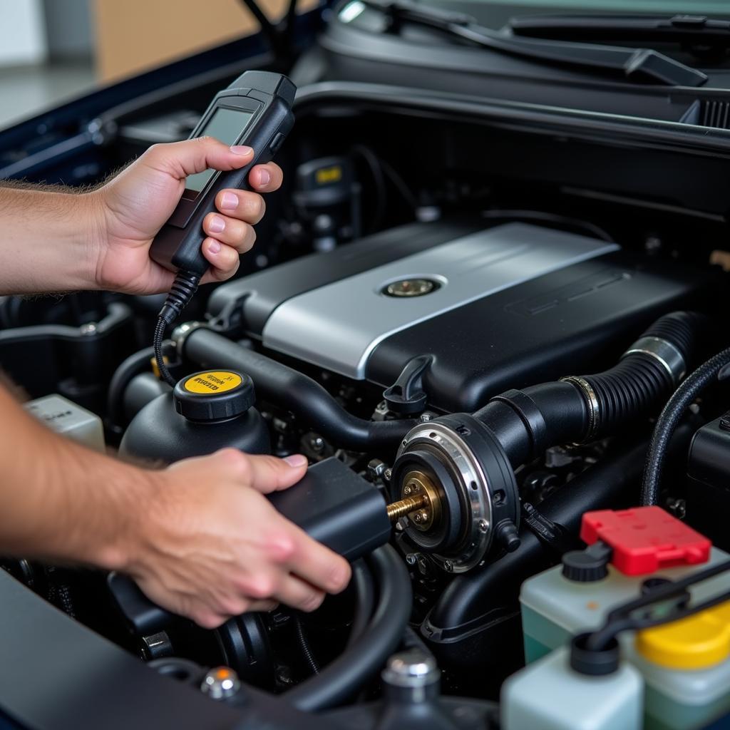 Mechanic Inspecting MAF Sensor with OBD2 Scanner