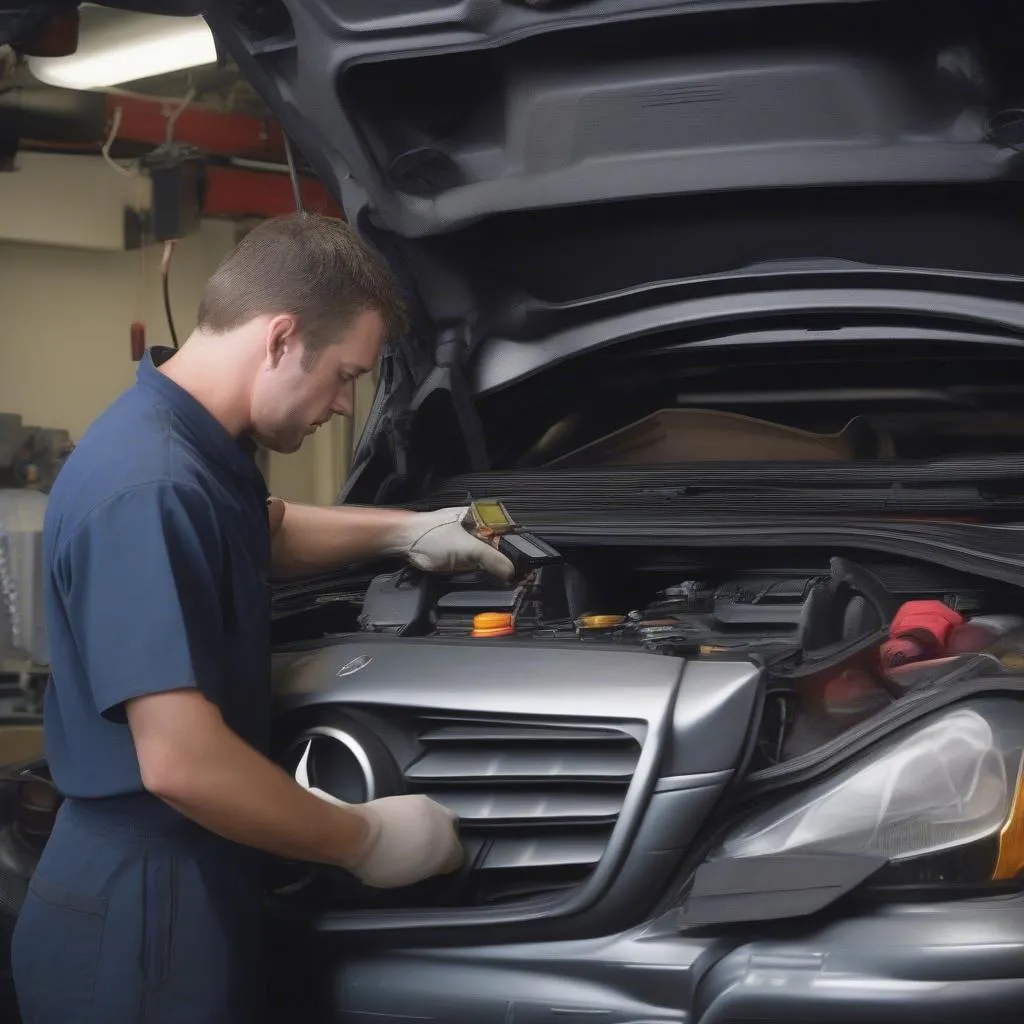 Mechanic Inspecting Mercedes C230 Engine