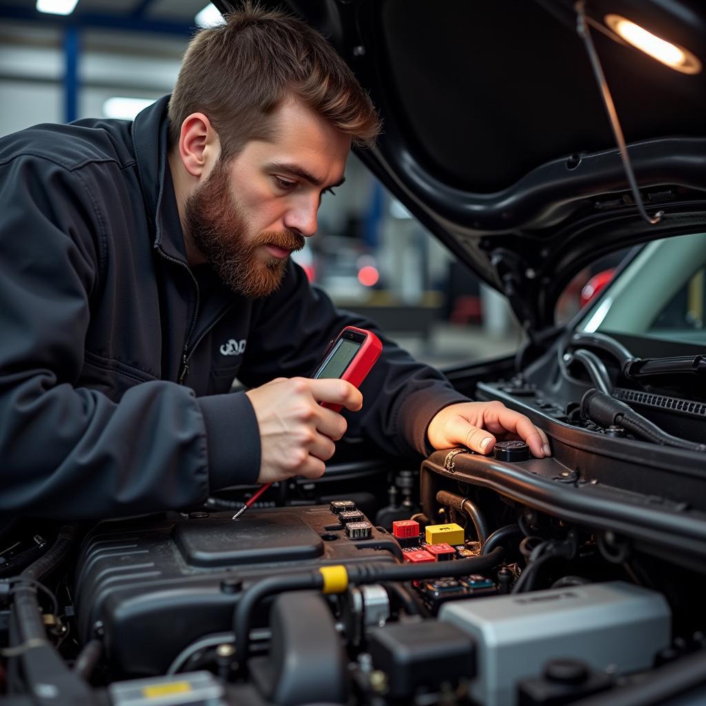 Mechanic Inspecting Mini Cooper Fuse Box