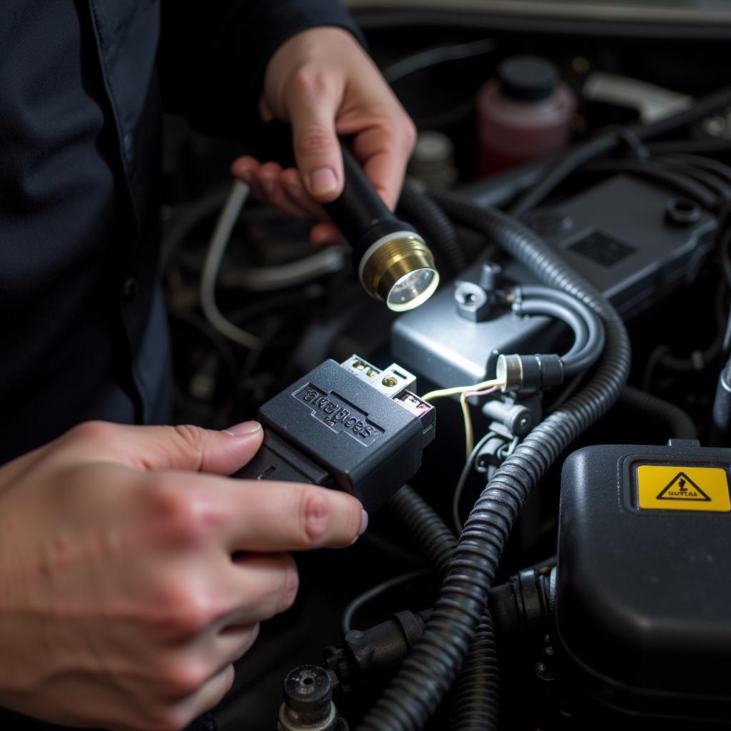 A mechanic inspecting the OBD2 connector for potential issues