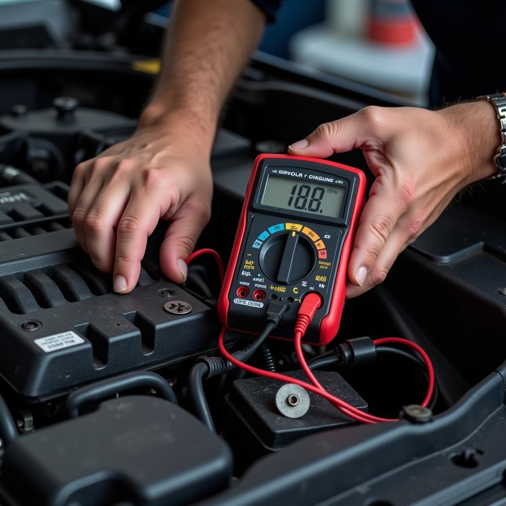 Mechanic Using a Multimeter to Test an Oxygen Sensor