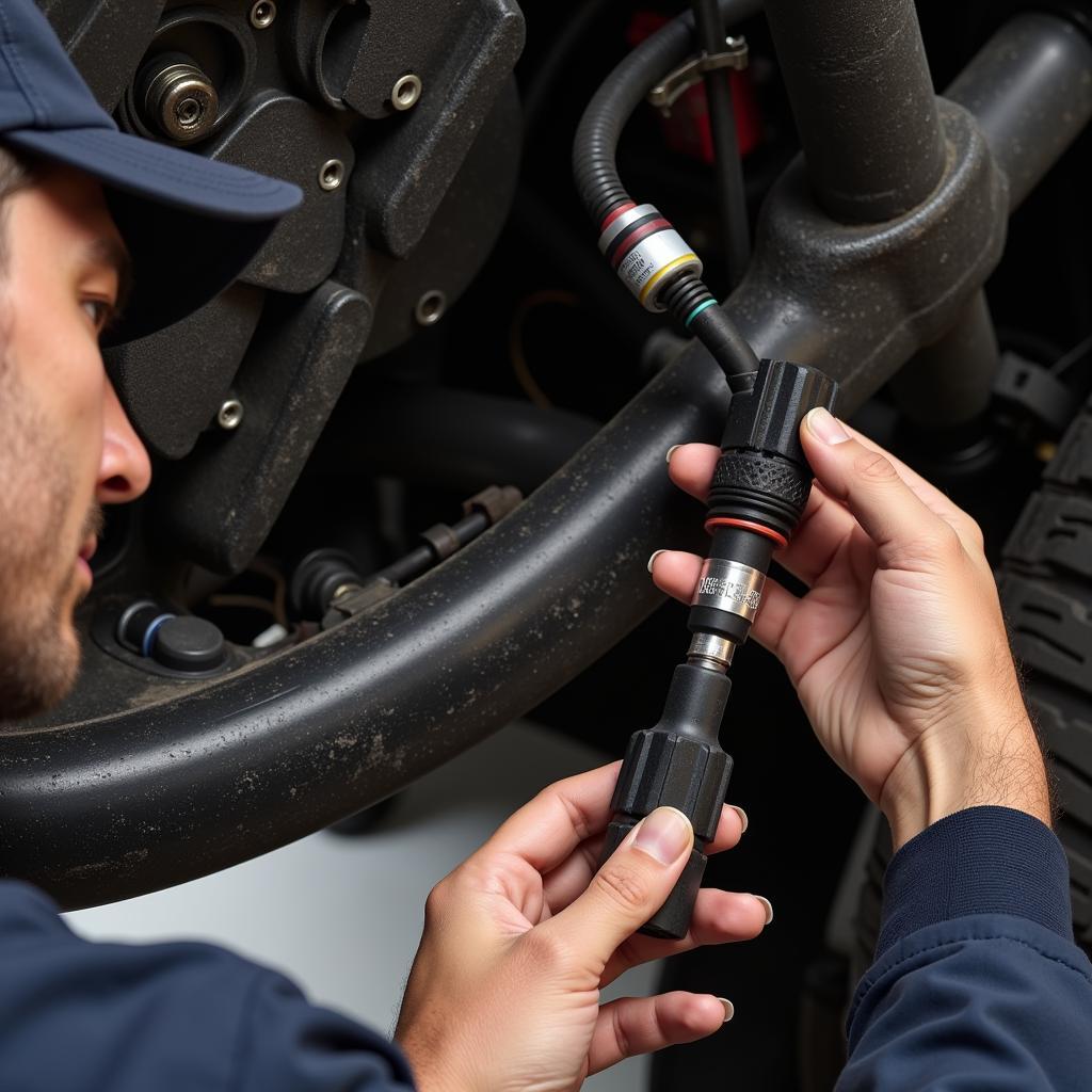 Mechanic Inspecting Oxygen Sensor Wiring