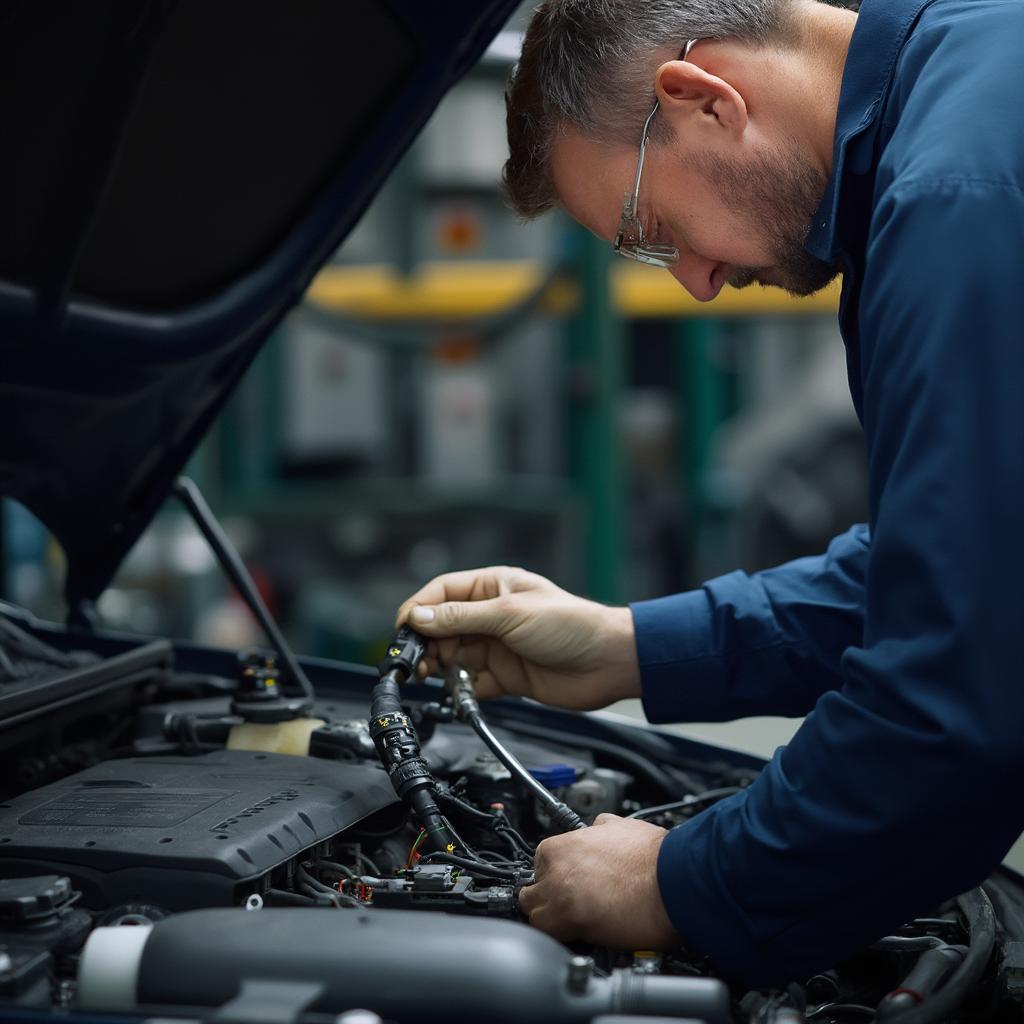 Mechanic Inspecting Oxygen Sensor Wiring