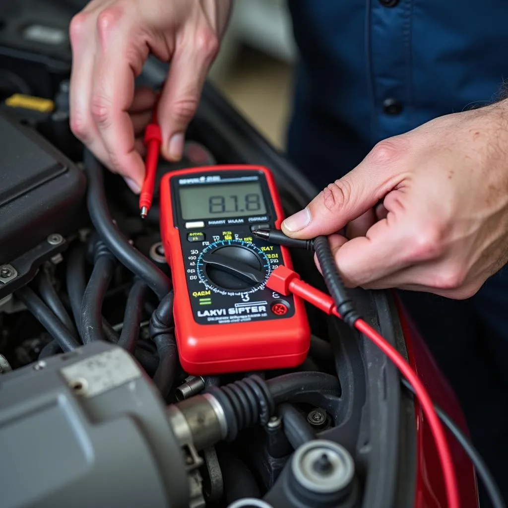 Mechanic Inspecting Oxygen Sensor with Multimeter