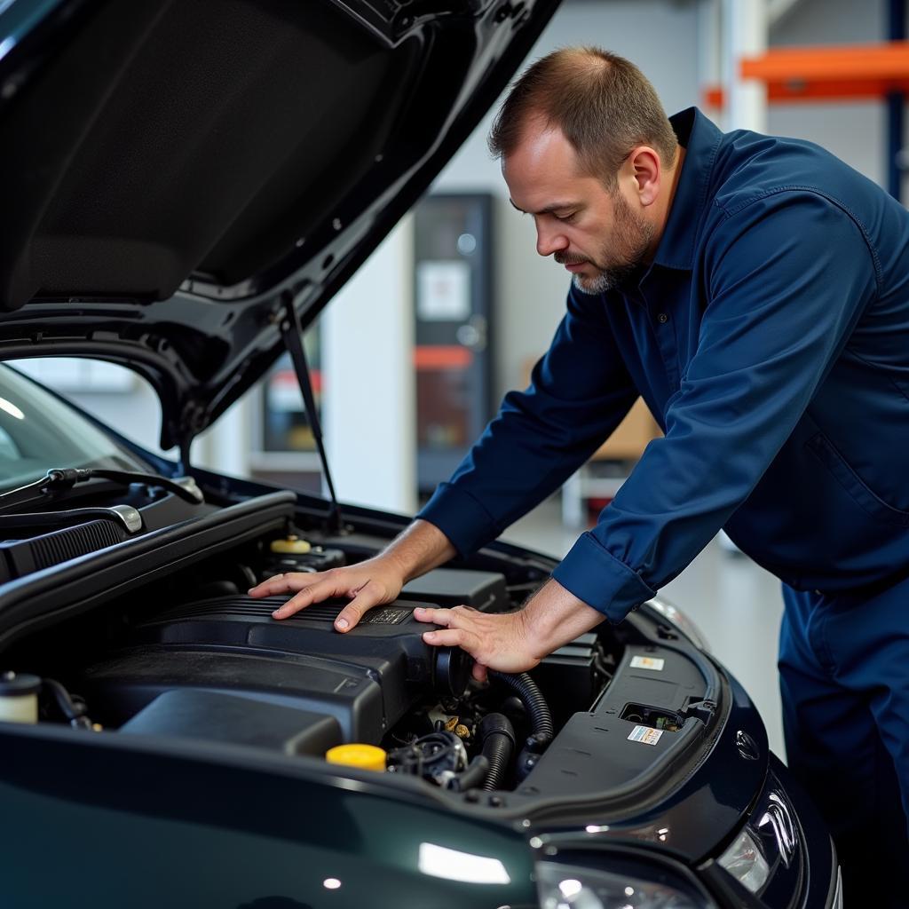 Mechanic Inspecting Peugeot 407 Engine