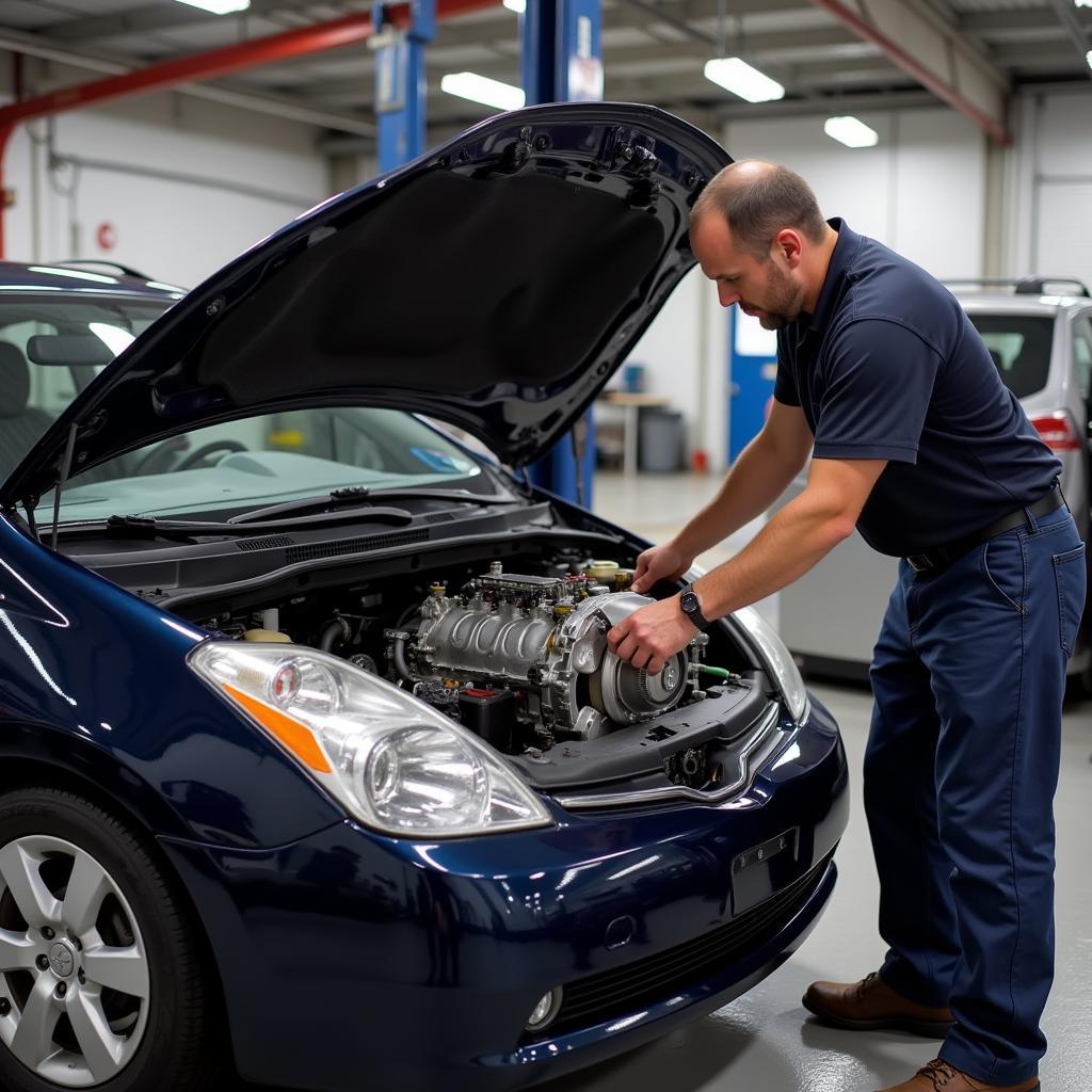 Mechanic examining the transmission system of a 2005 Toyota Prius