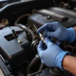 Mechanic checking spark plugs for P0302 diagnosis