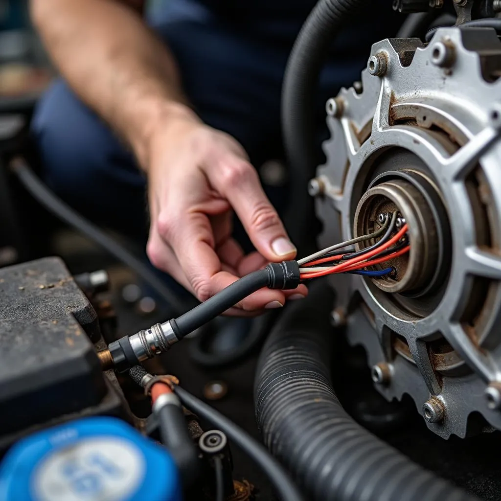 Mechanic Inspecting Transmission Wiring