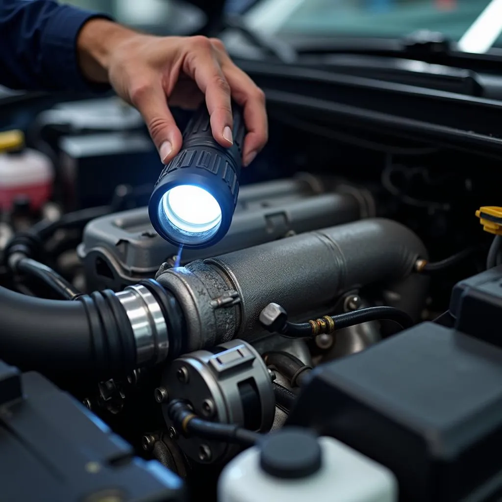 A mechanic inspecting the turbocharger on a Honda Accord