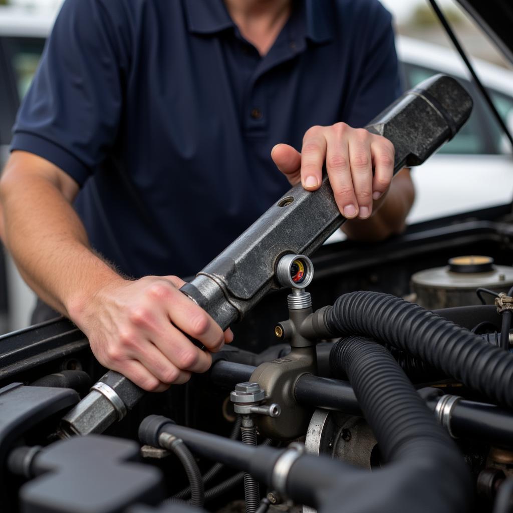 Mechanic inspecting a car's EVAP system