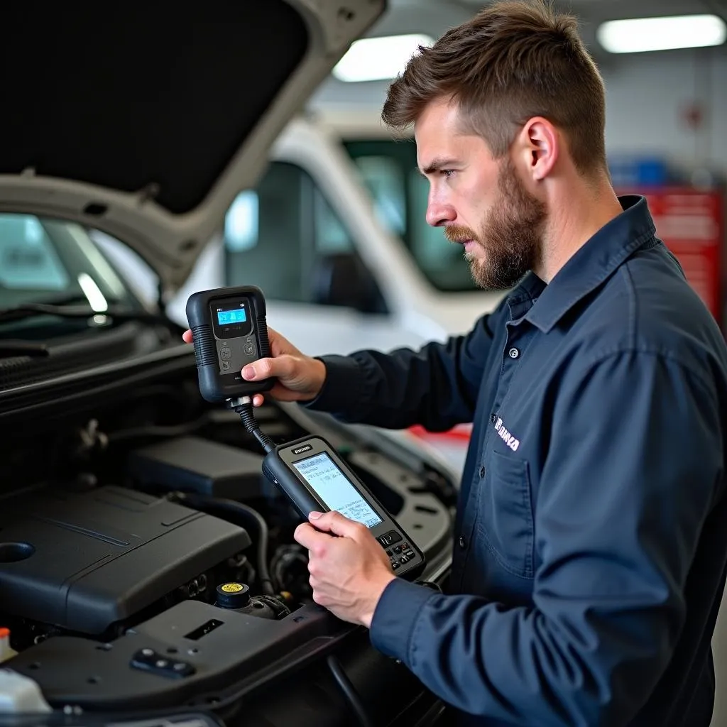 Mechanic diagnosing a VW EuroVan engine using an OBD2 scanner