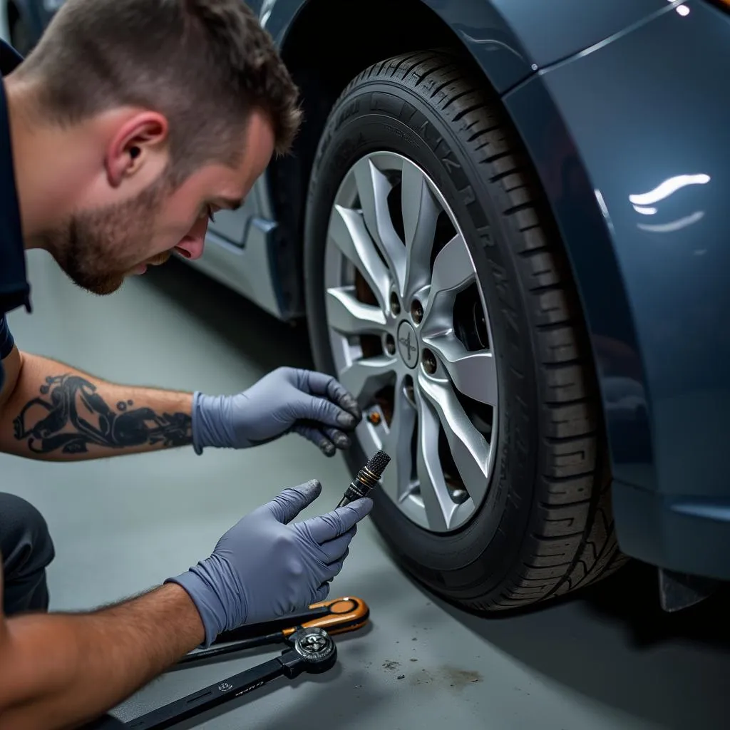 Mechanic Inspecting Wheel Speed Sensor for Damage