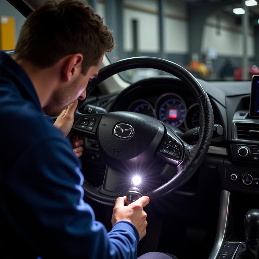 A mechanic inspecting the wiring harness under the dashboard of a car