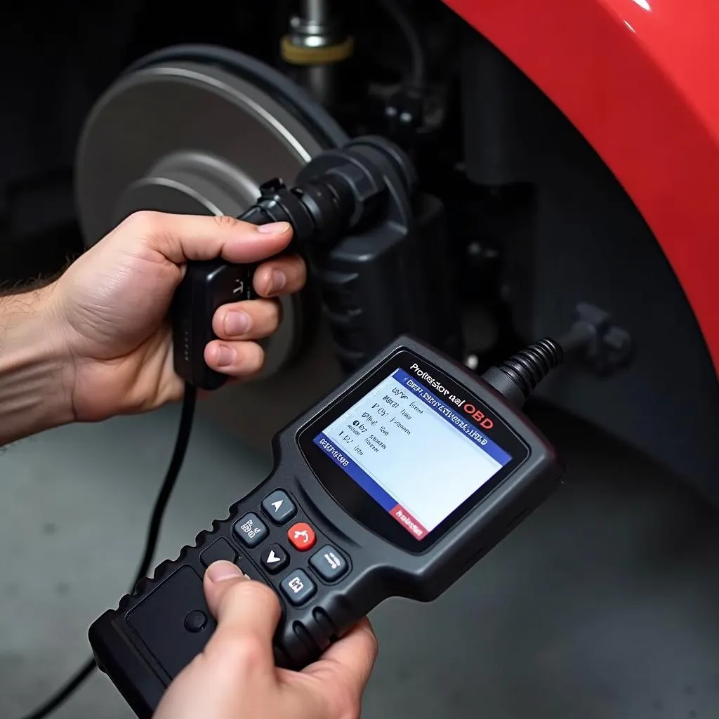 Mechanic using a professional scan tool to bleed an ABS module