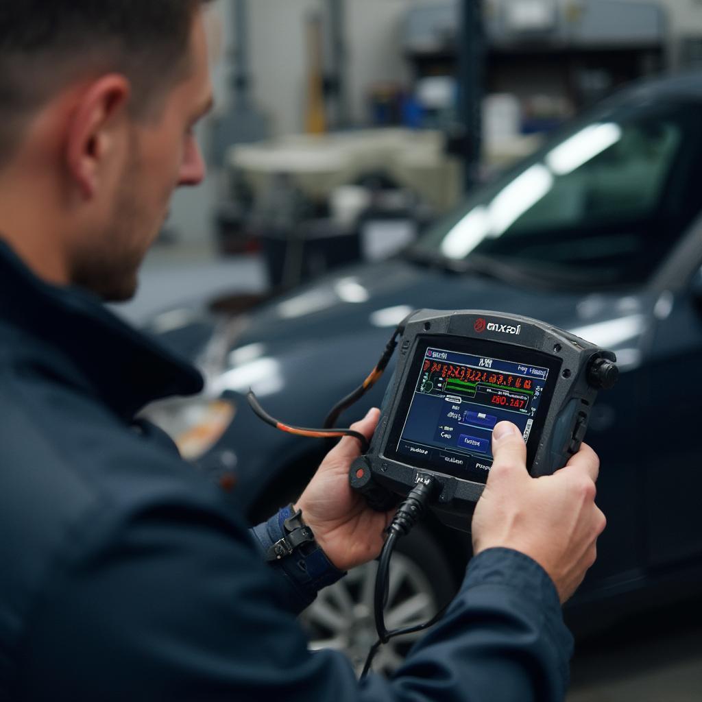 Mechanic Using an Ancel OBD2 Scanner for Throttle Adaptation