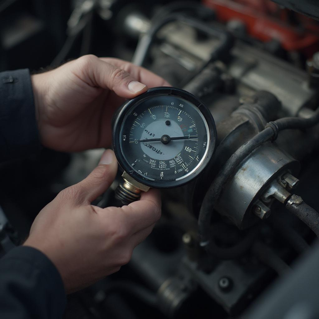 Mechanic Performing a Compression Test on a Car Engine