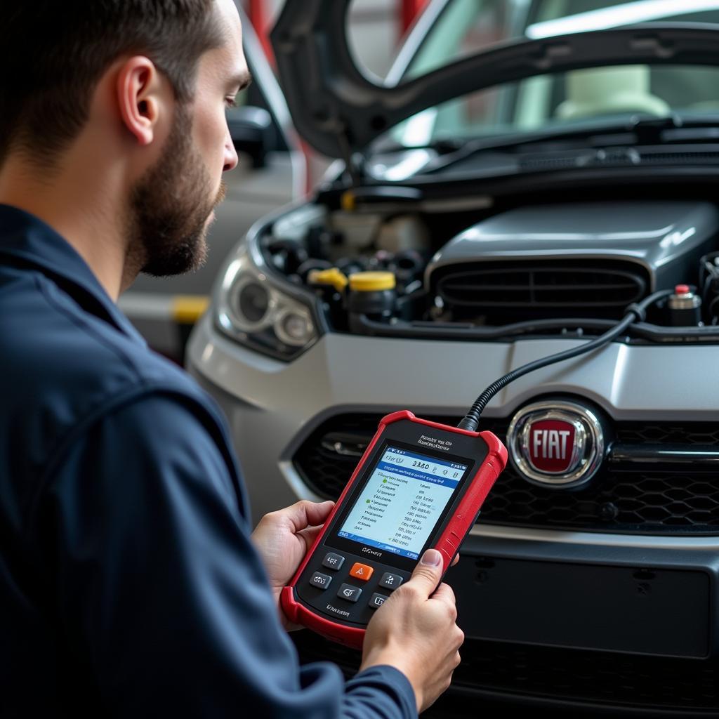 Mechanic Performing OBD2 Reset on Fiat