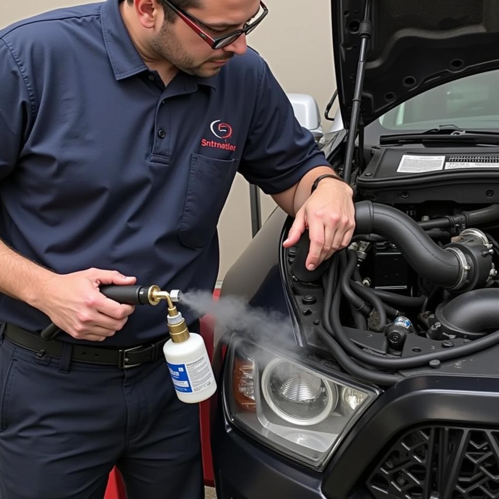 Mechanic using a smoke machine to diagnose an EVAP leak