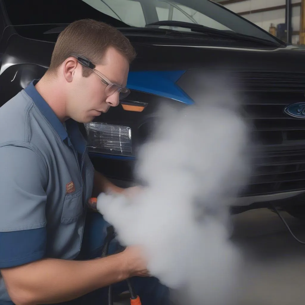 Mechanic performing Smoke Test on EVAP system