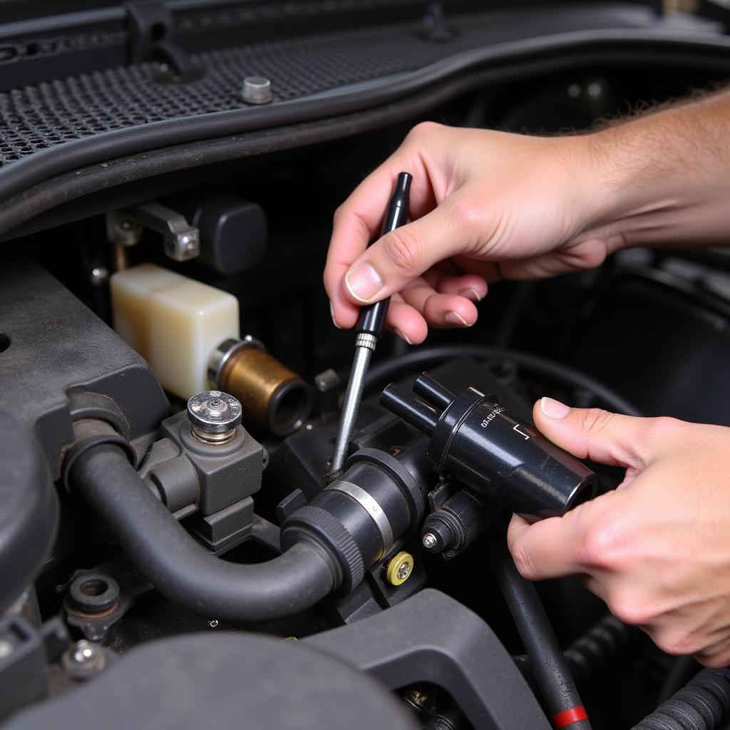 Mechanic Repairing Air Injection System on 08 Chevy Trailblazer