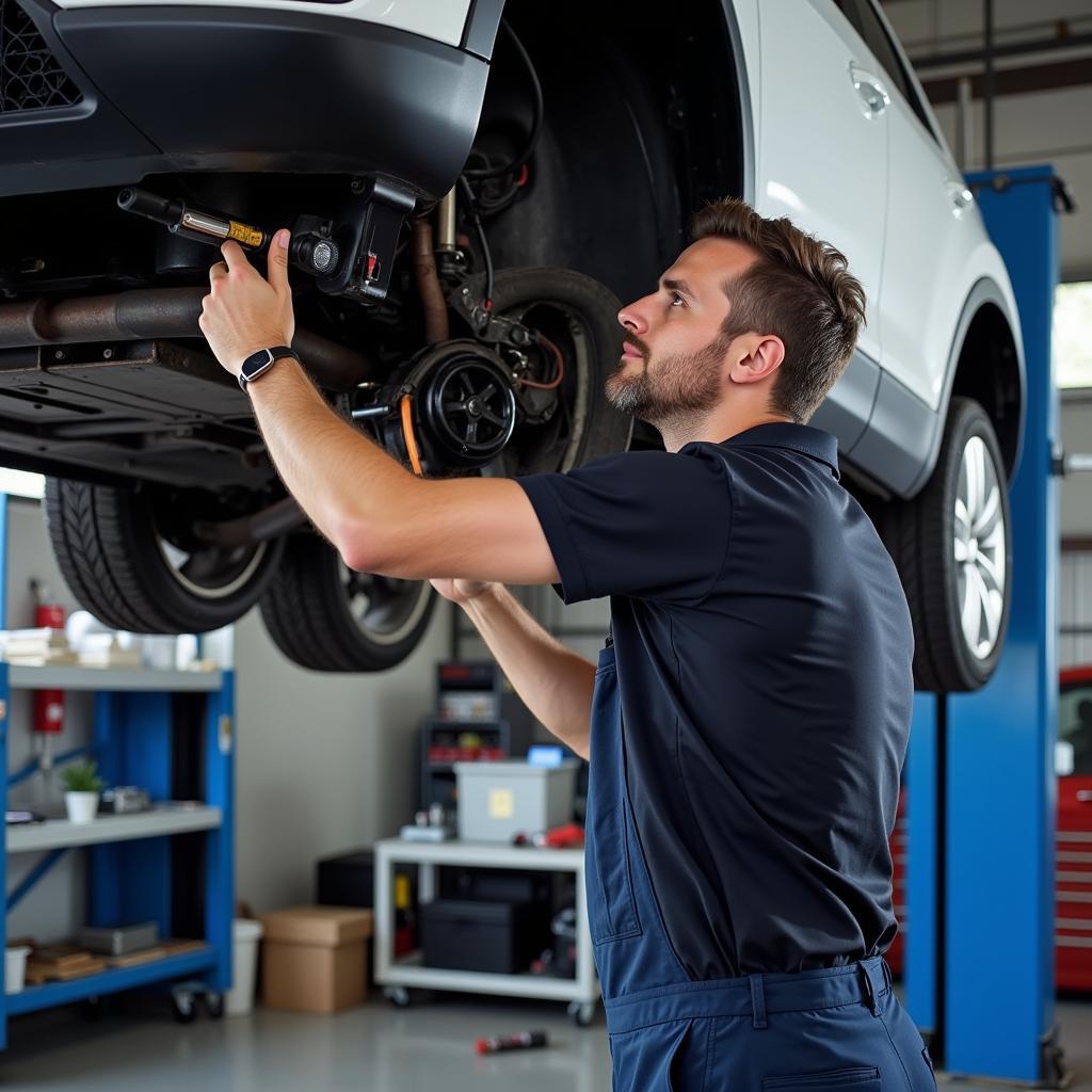 Mechanic repairing a Volkswagen in a garage