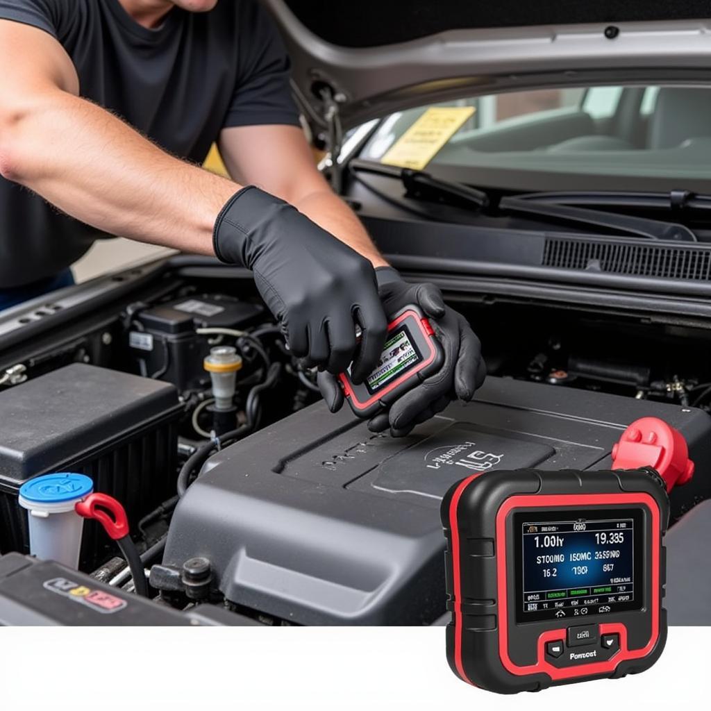 Mechanic using an OBD2 monitor while replacing a car battery