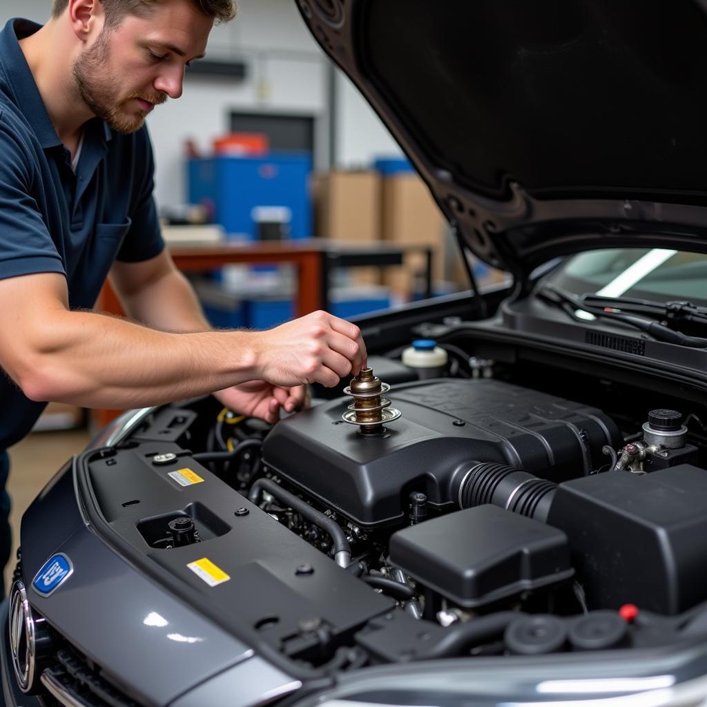 Mechanic Replacing Car Thermostat