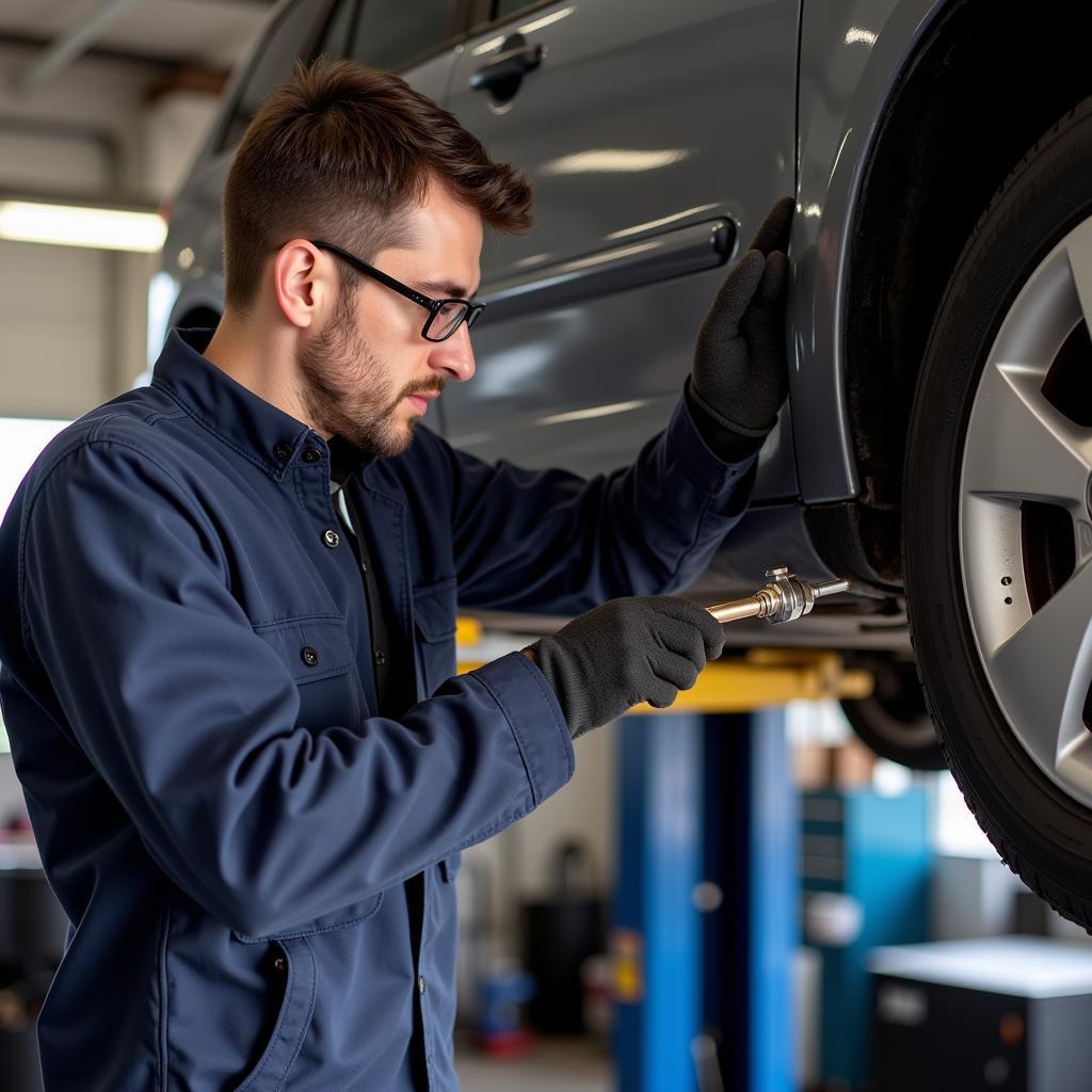 Mechanic working on a car's exhaust system, replacing the oxygen sensor