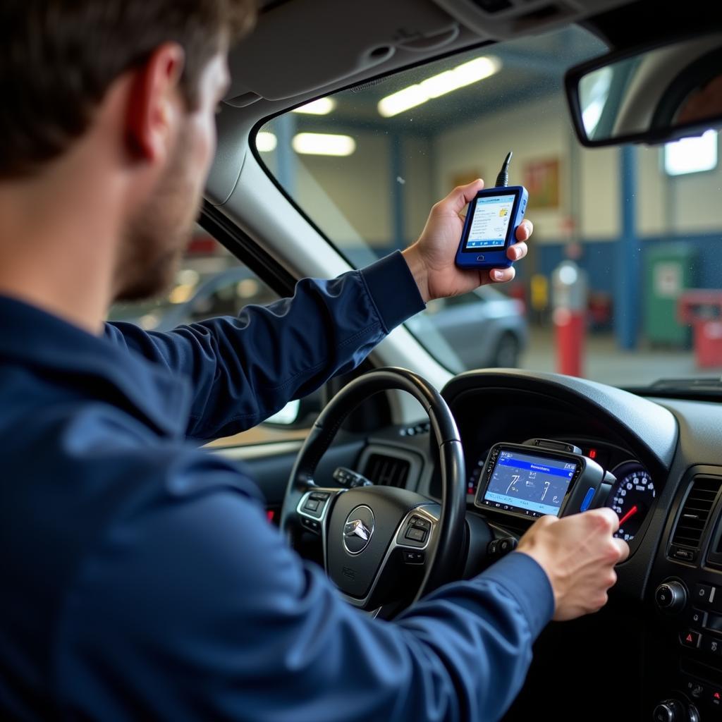 Mechanic Showing BlueDriver to Customer