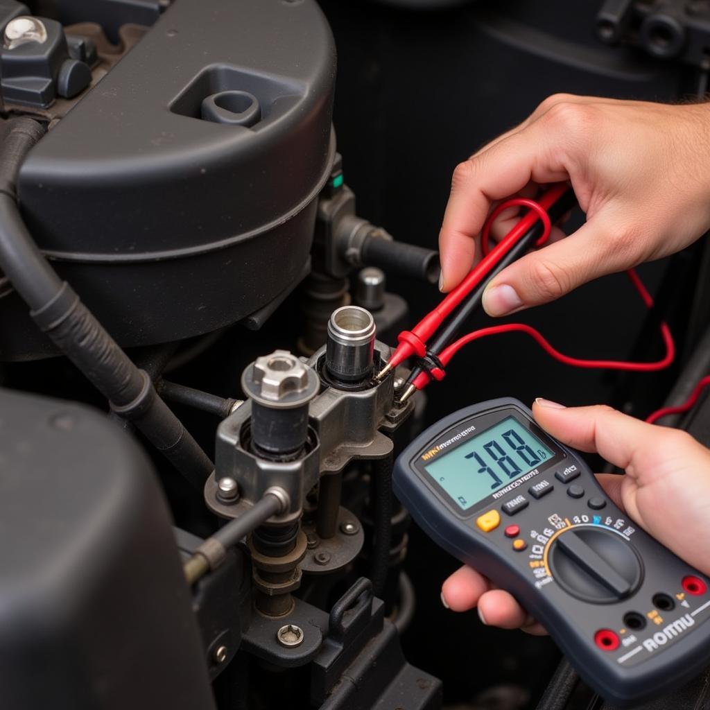 Mechanic inspecting and testing a car's transmission sensor