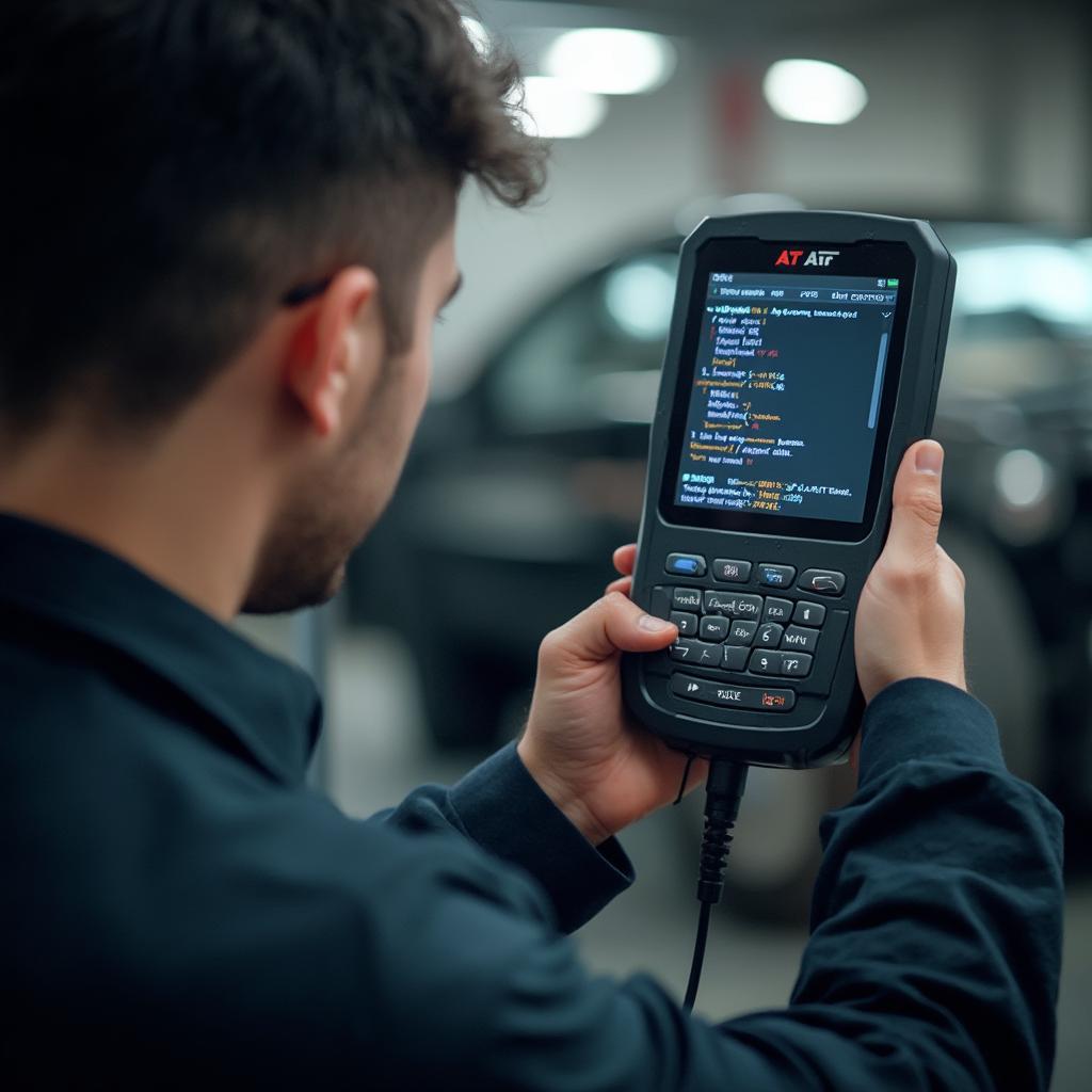 Mechanic Using AAT OBD2 Scanner in Workshop