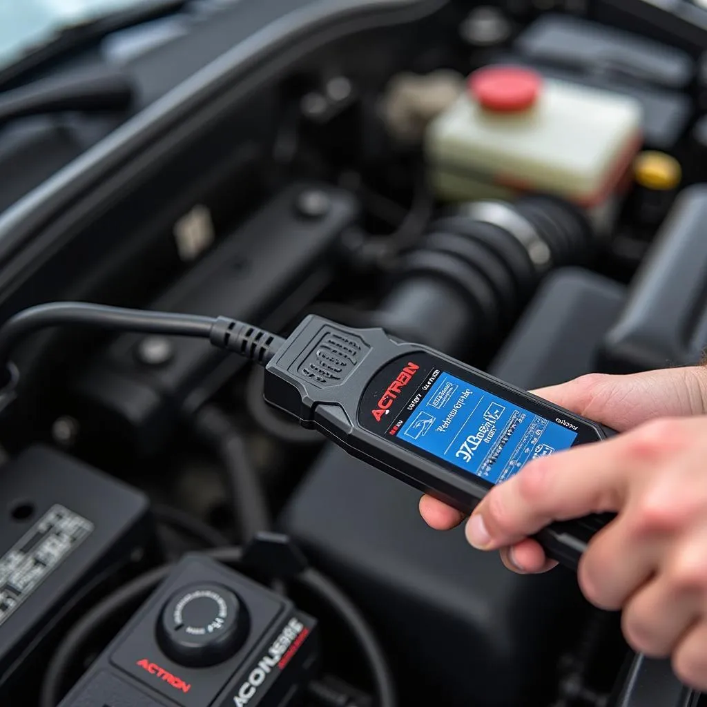 Mechanic Using Actron OBD2 Cable and Scanner to Diagnose Car