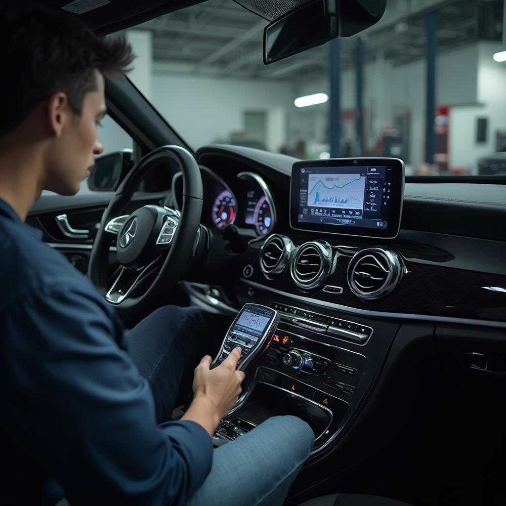 Mechanic Using Advanced OBD2 Scanner on a Mercedes