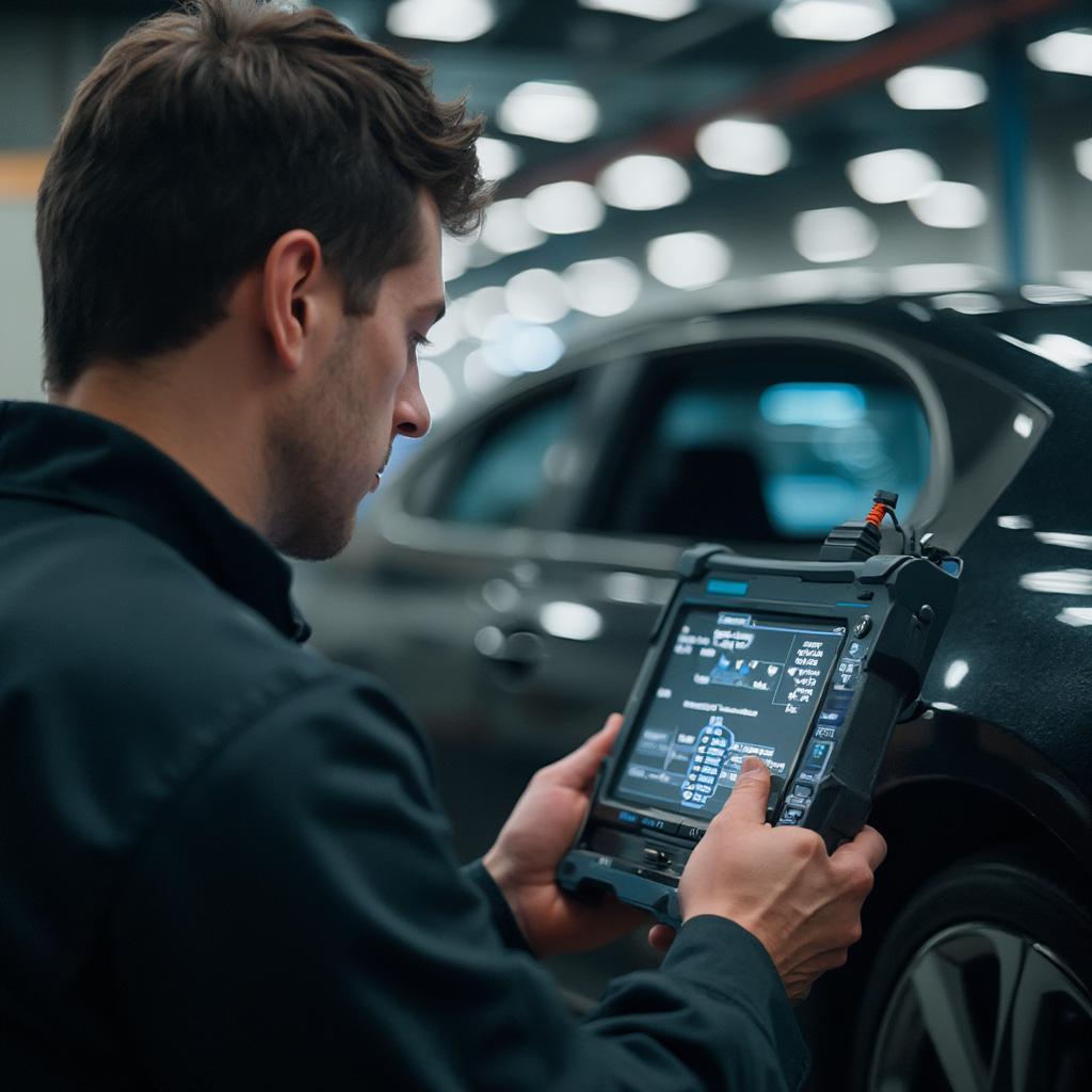 Mechanic Performing Diagnostics with an Advanced OBD2 Scanner