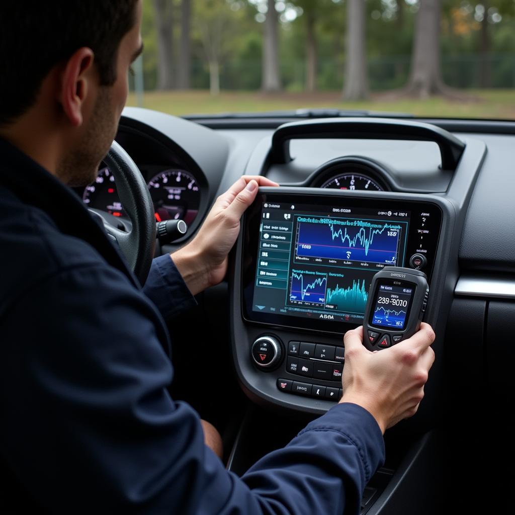 Mechanic Using an Advanced OBD2 Scanner on a 2015 Nissan Leaf