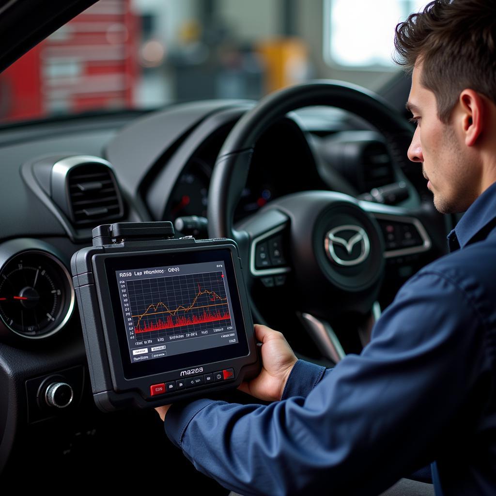 Mechanic Using Advanced OBD2 Scanner on Mazda RX-8