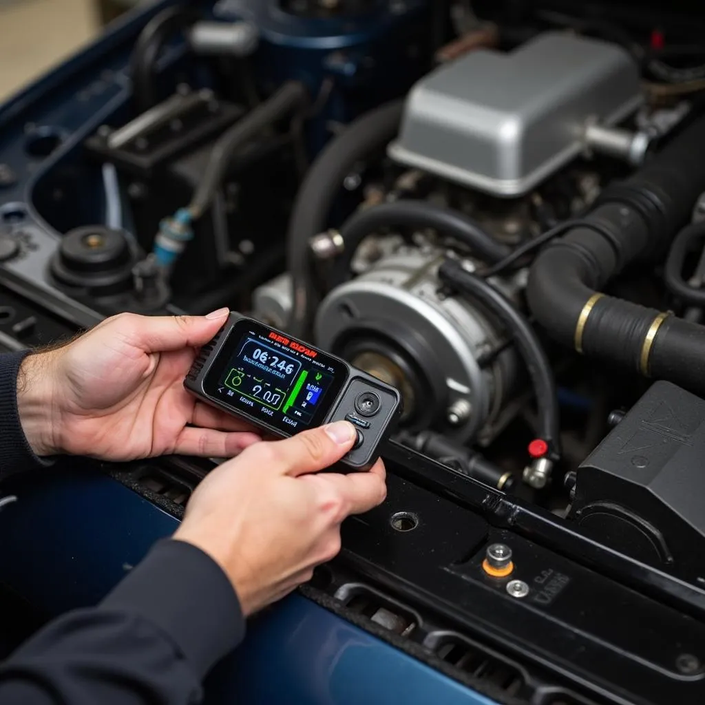 Mechanic using the AEM Uego Wideband OBD2 sensor to tune a car engine