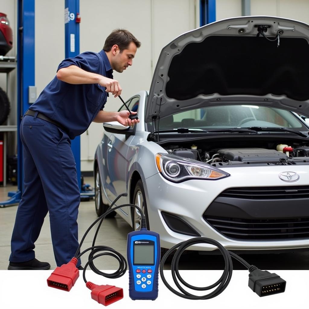 Mechanic using AGV2055 USB OBD2 scanner in garage