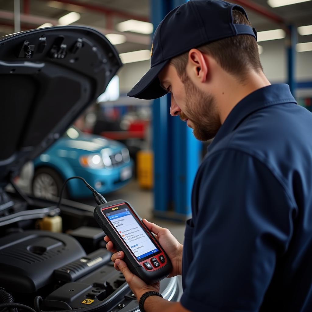 Mechanic Using AL200 OBD2 Scanner on Car