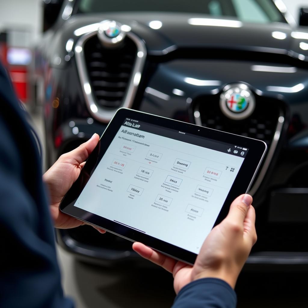 Mechanic Using Alfa Coding App on Tablet