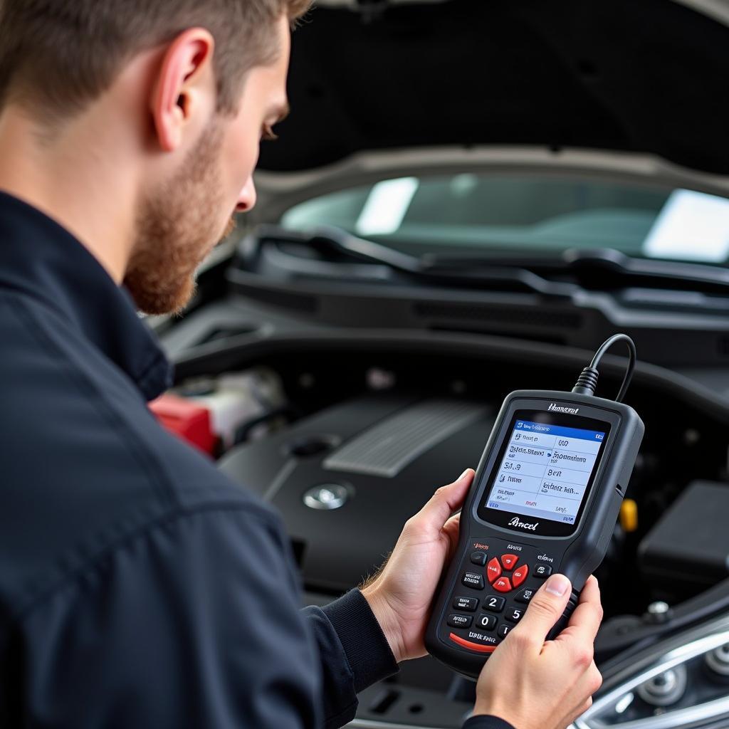 Mechanic Using Ancel AS100 OBD2 Scanner for Car Diagnostics