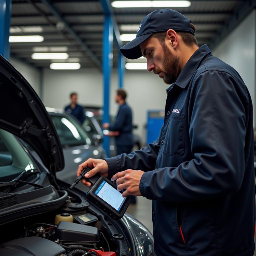 Mechanic Using Ancel OBD2 Scanner in Workshop