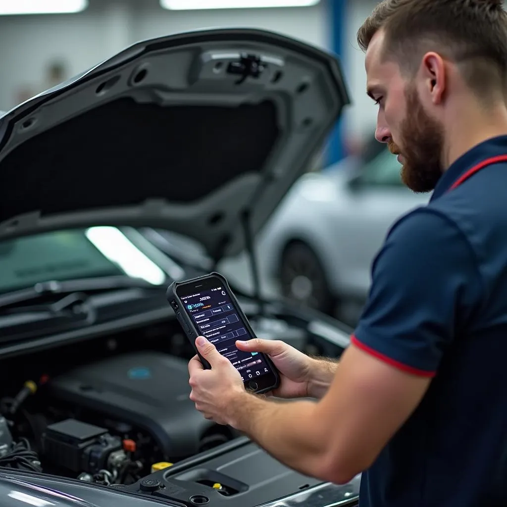 Mechanic diagnosing a car using an Android phone OBD2 scanner