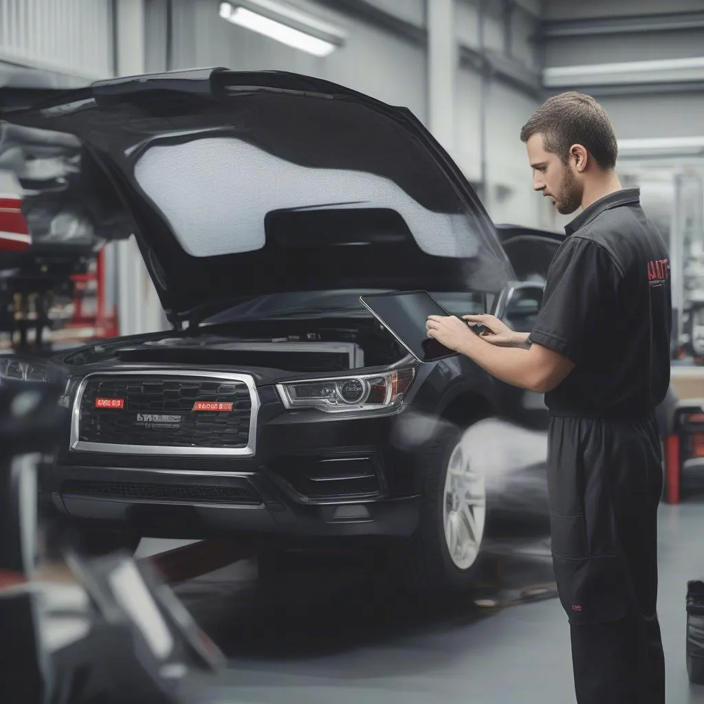 Mechanic Using Autel MaxiSys Pro MS908P in Workshop