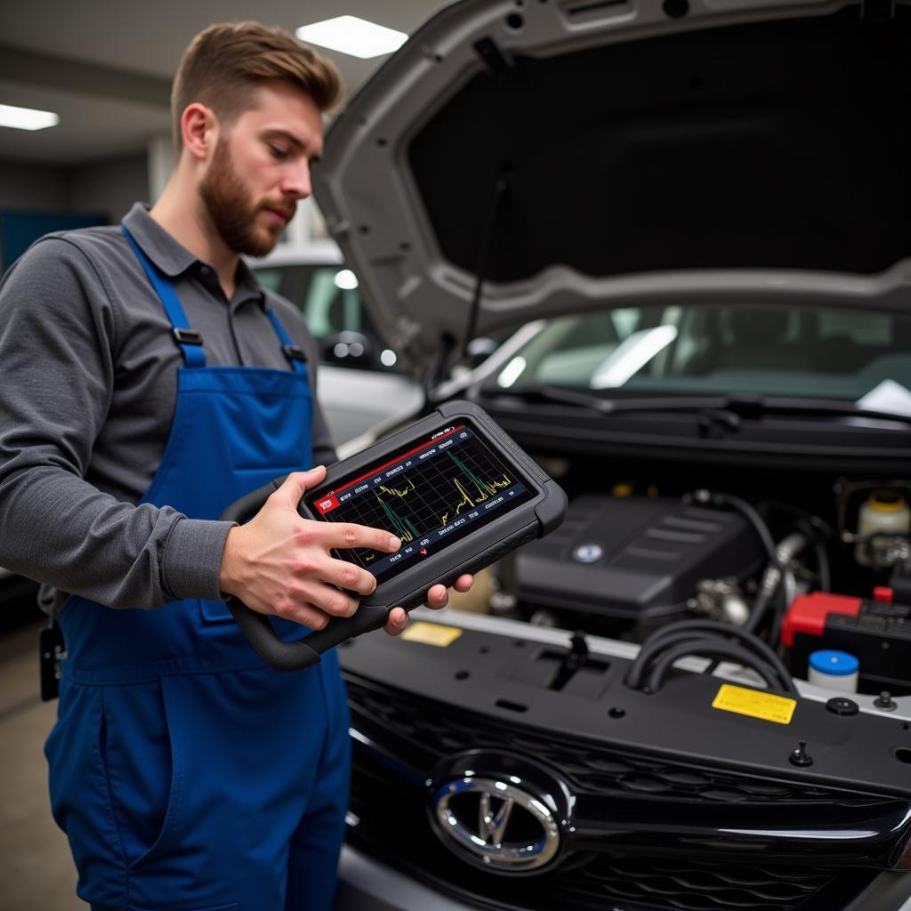 Mechanic Using Autel MP808 for Engine Diagnostics