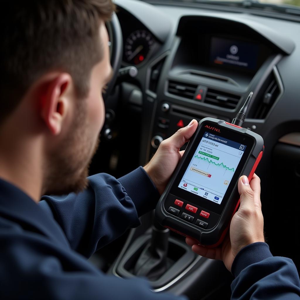 Mechanic Using Autel OBD2 Scanner for Diagnostics