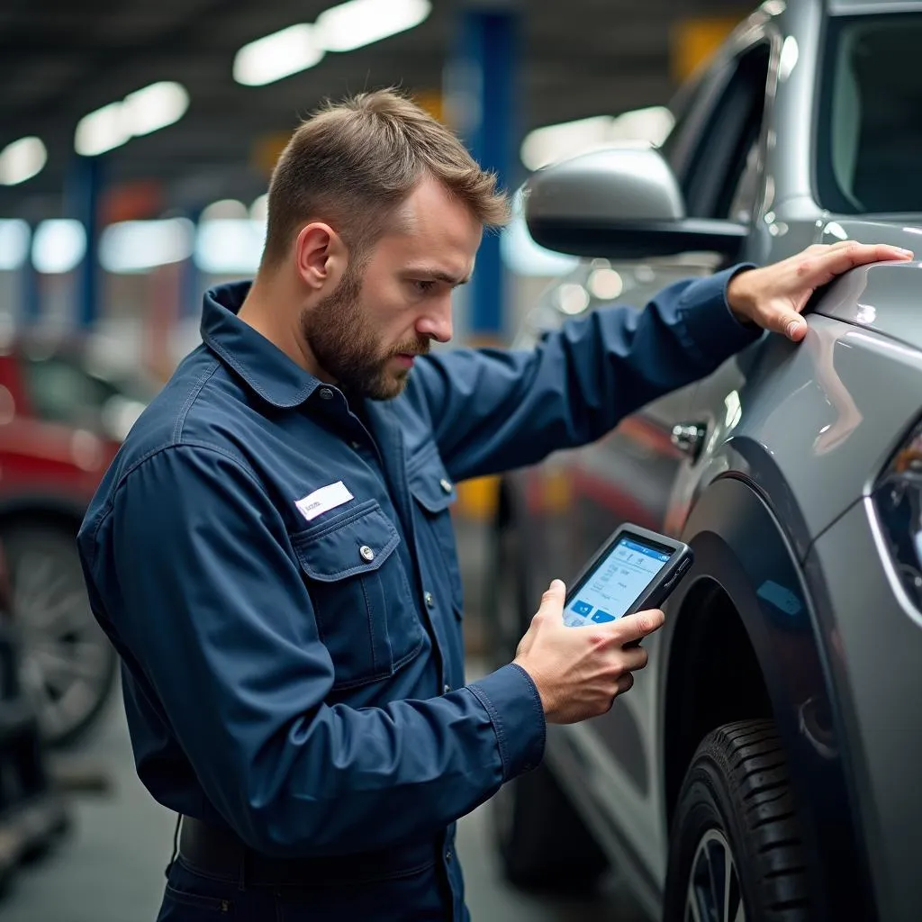 Mechanic Using Autel Scanner in Workshop