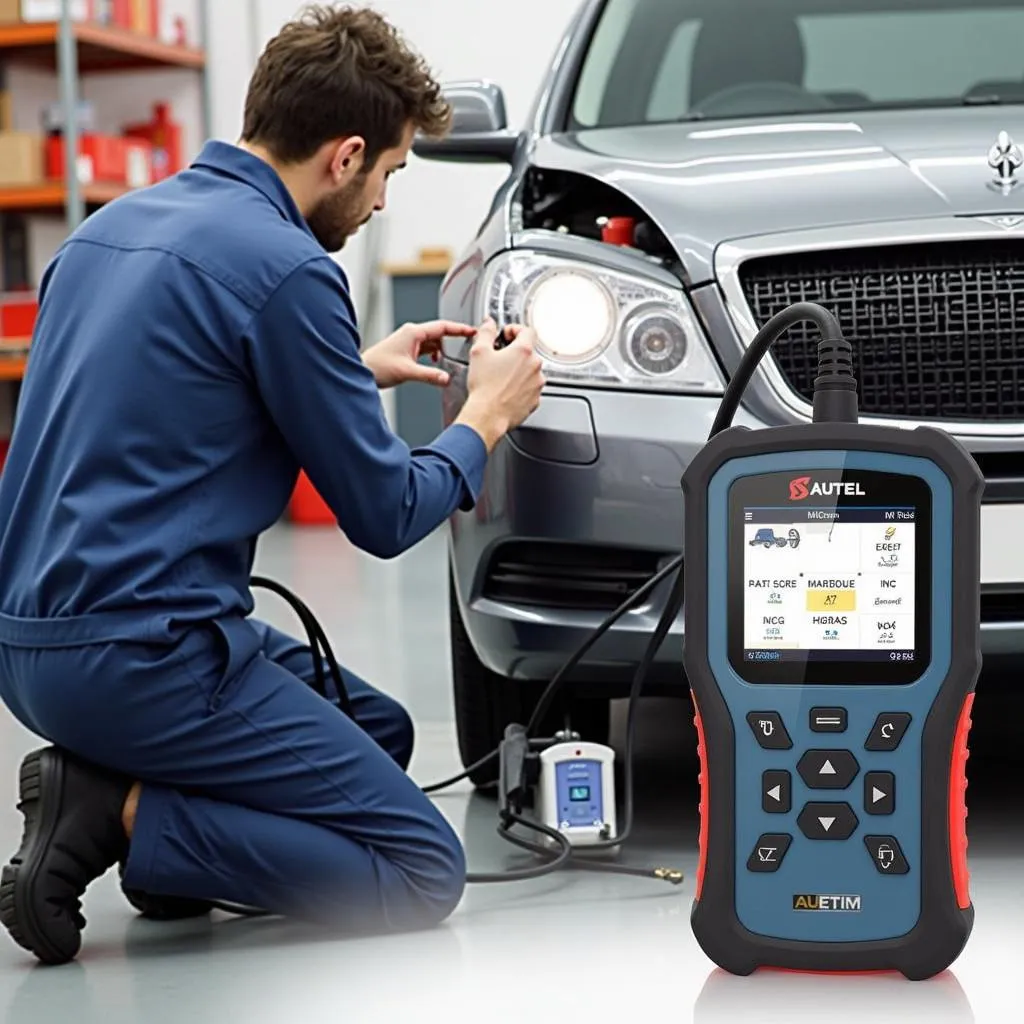  A mechanic uses an Autel OBD2 scanner to diagnose a car in a repair shop.