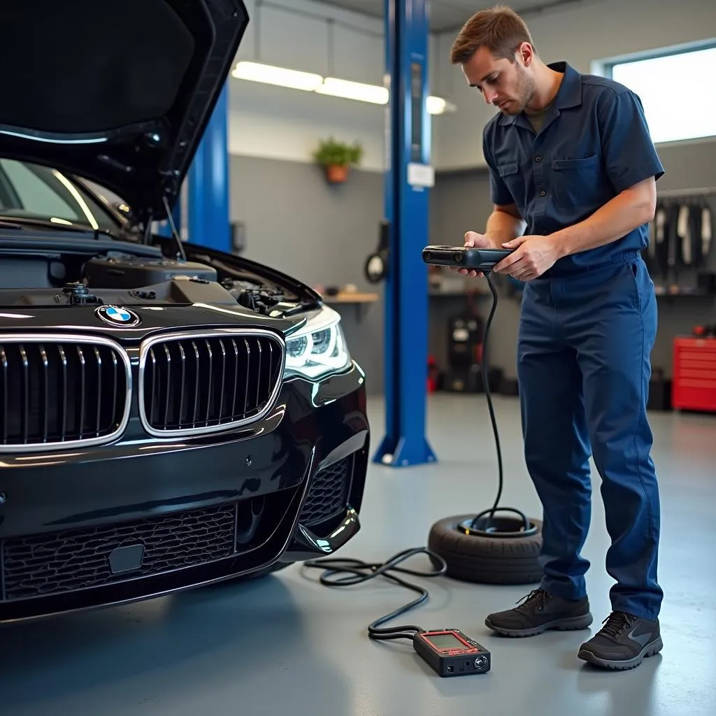 Mechanic Using Autophix 7910 on BMW in Garage